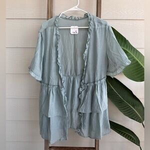 Semi Sheer Ruffle Sleeve Kimono in Seafoam Green